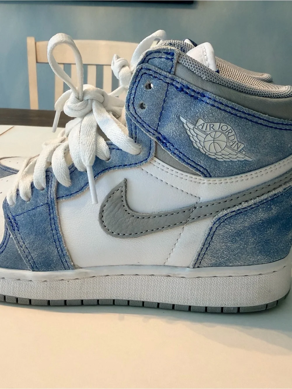 Jordan Kids High-Top Sneakers in Blue and White with Gray Swoosh
